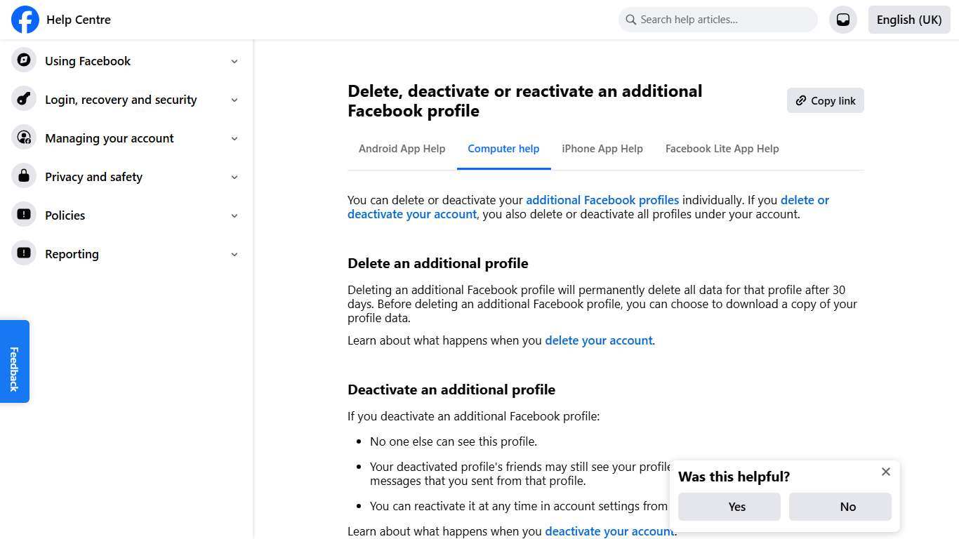 Delete, deactivate or reactivate an additional Facebook profile Facebook Help Centre